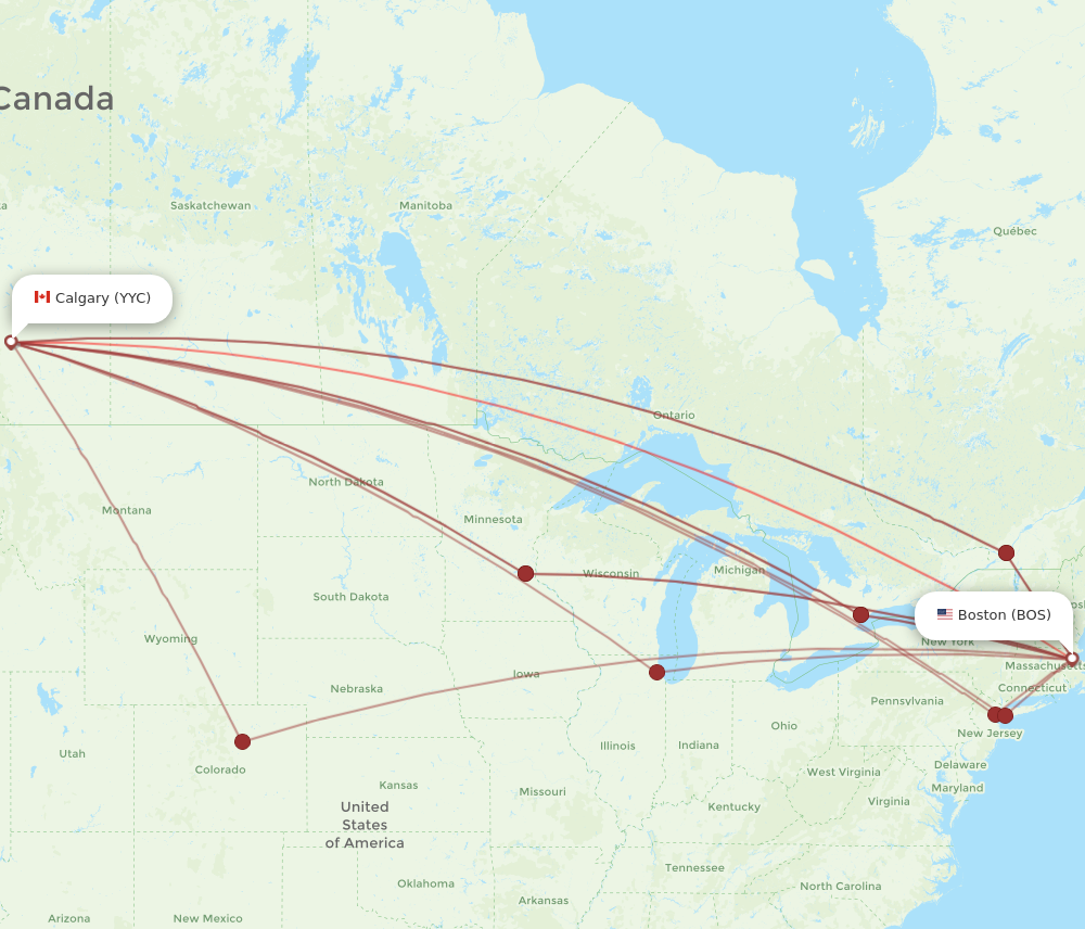 YYC to BOS flights and routes map