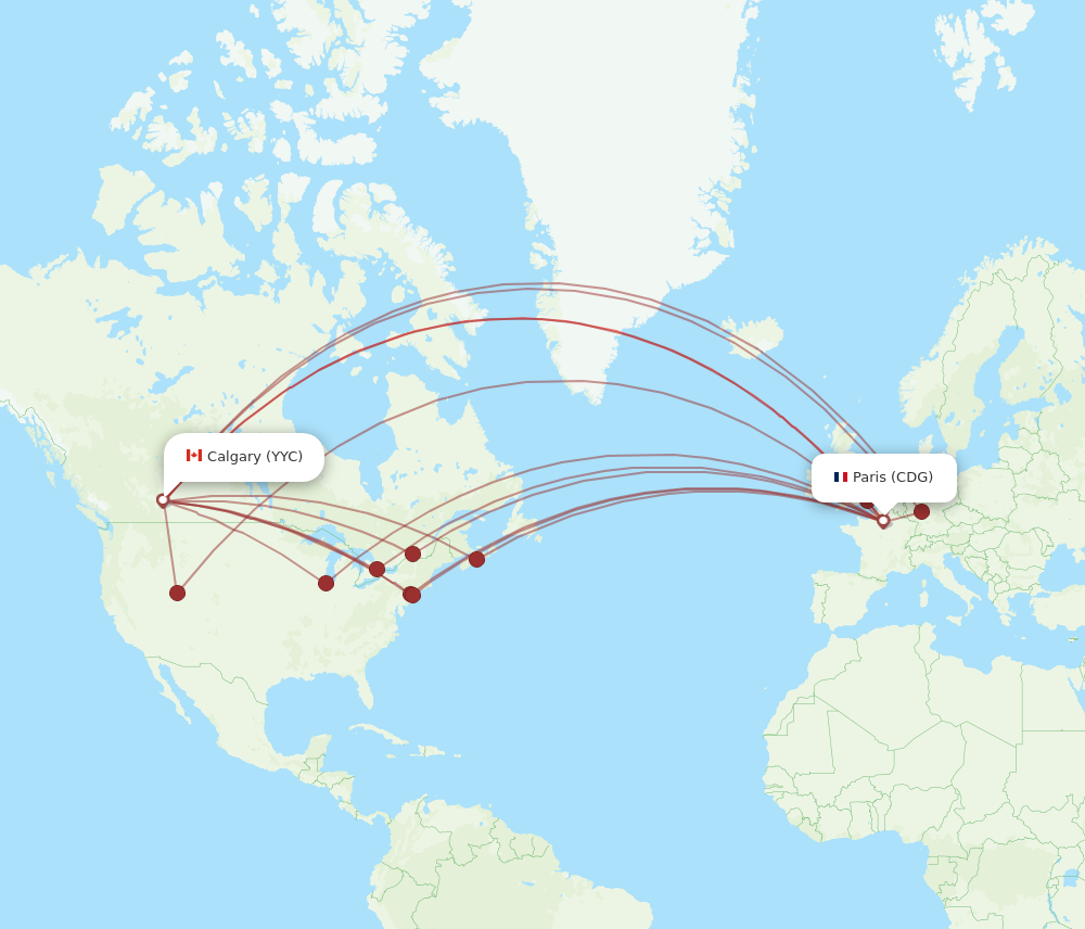 YYC to CDG flights and routes map