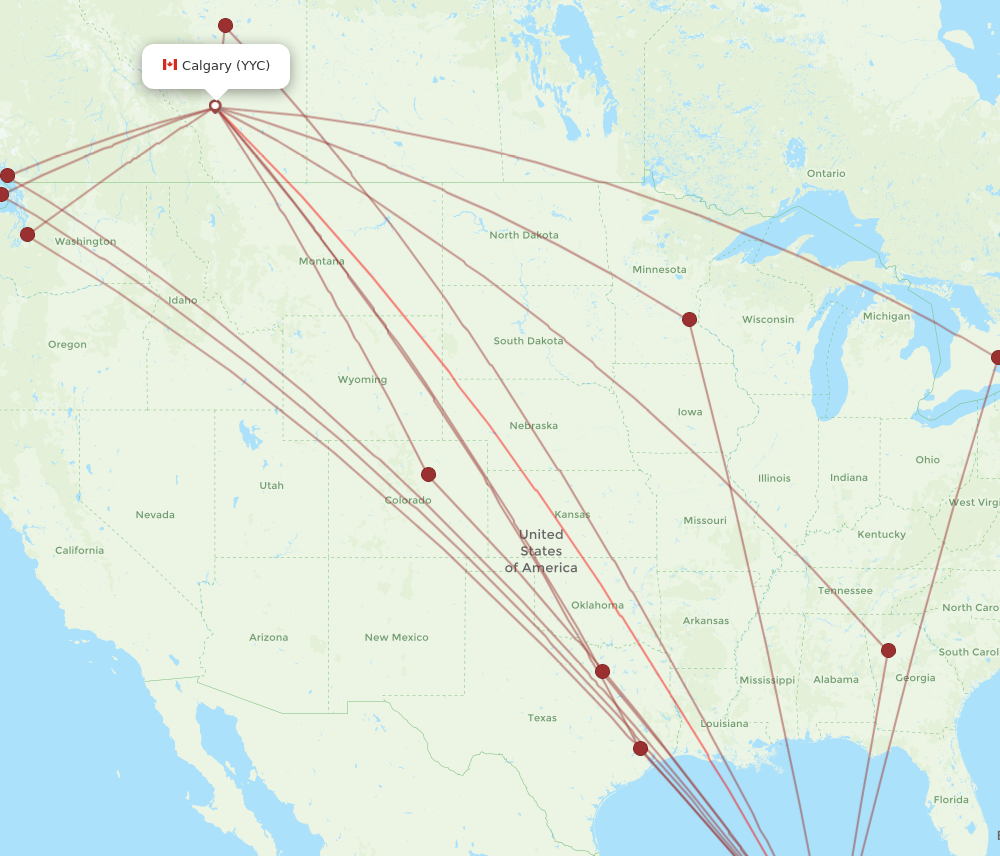 YYC to CUN flights and routes map