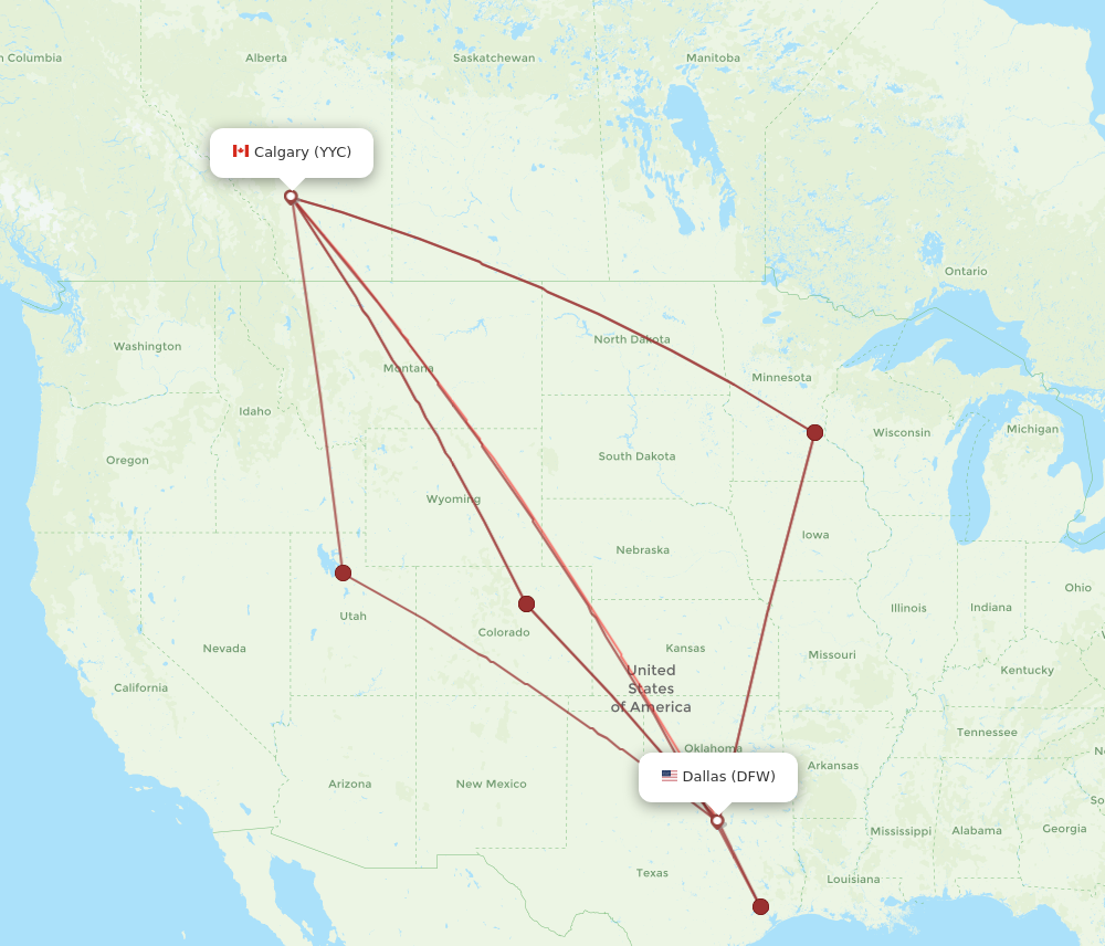 YYC to DFW flights and routes map