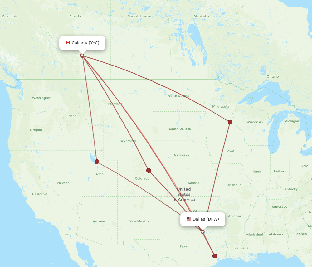 YYC to DFW flights and routes map