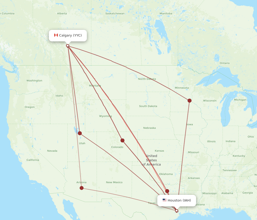 YYC to IAH flights and routes map