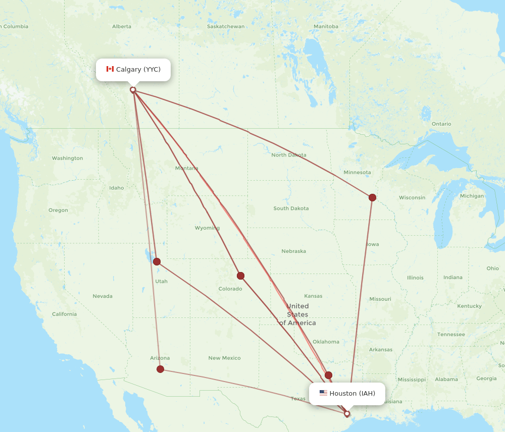 YYC to IAH flights and routes map