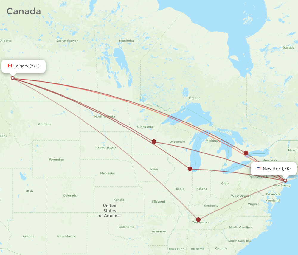 YYC to JFK flights and routes map