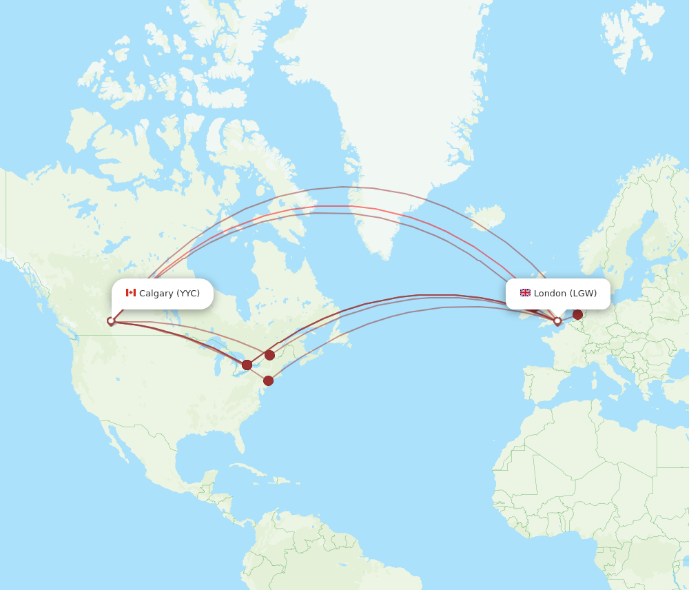 YYC to LGW flights and routes map