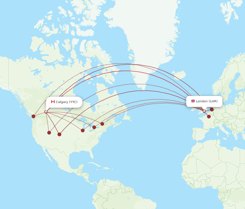 YYC to LHR flights and routes map