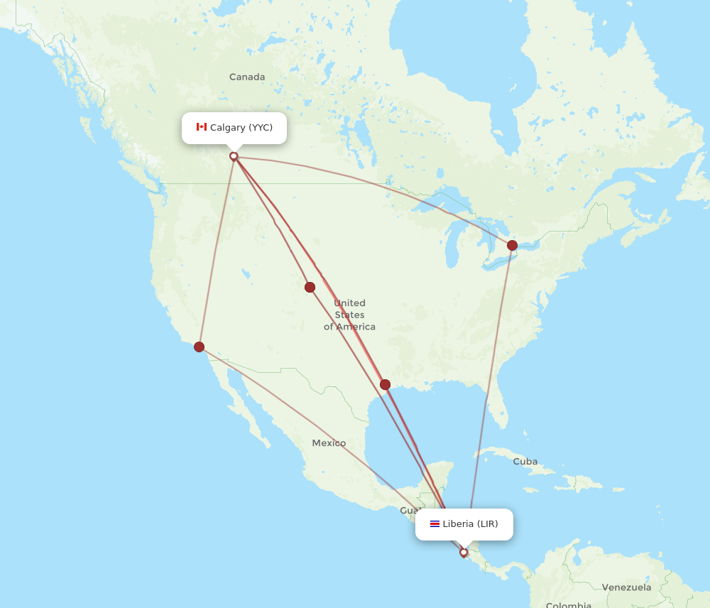 YYC to LIR flights and routes map