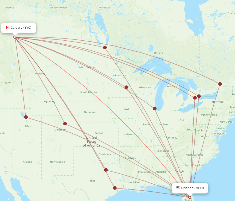 YYC to MCO flights and routes map