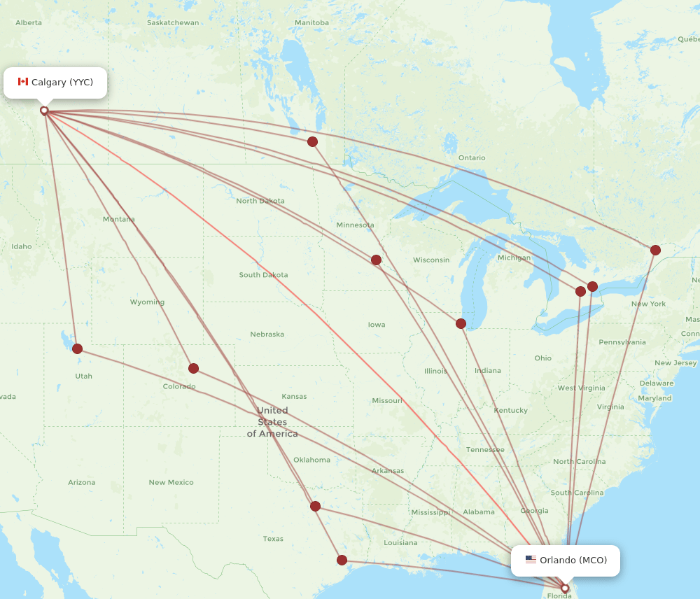 YYC to MCO flights and routes map