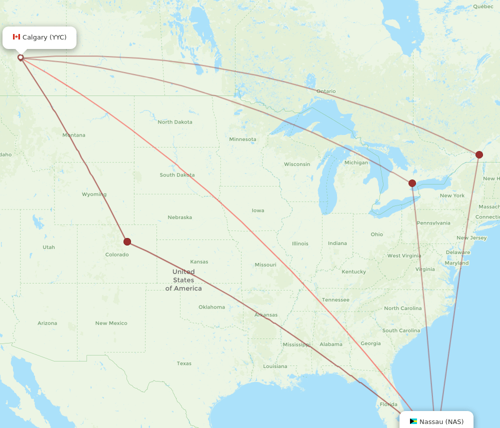 YYC to NAS flights and routes map