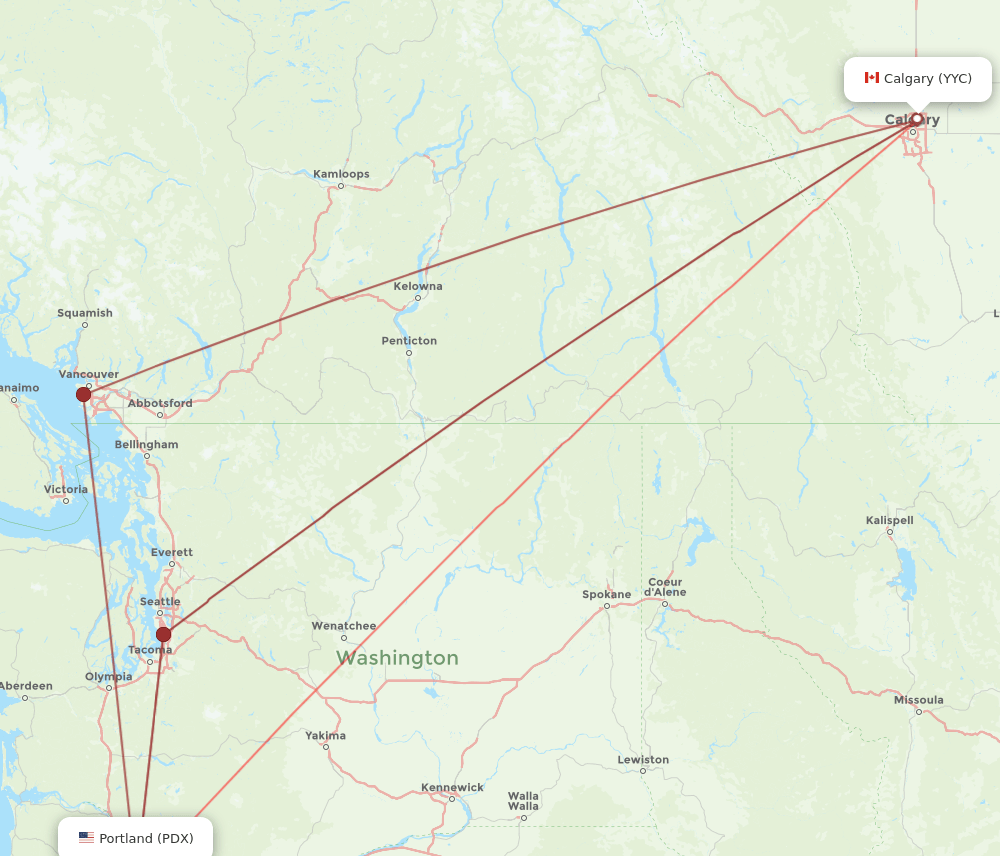 YYC to PDX flights and routes map
