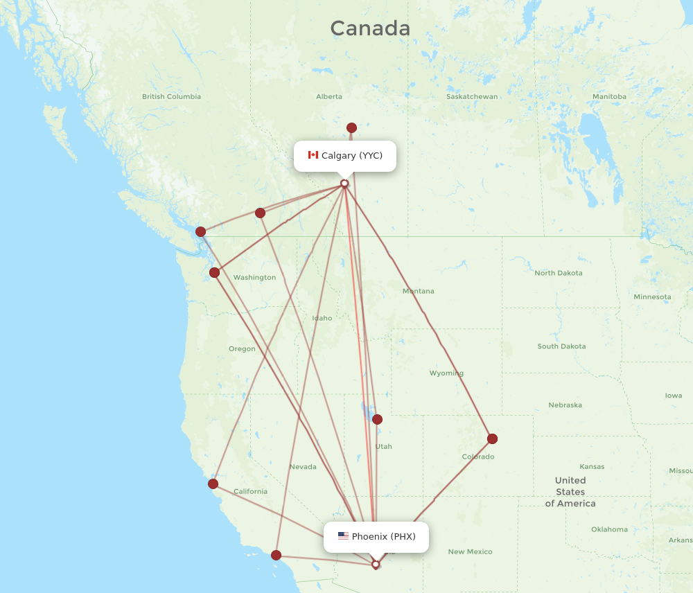 YYC to PHX flights and routes map
