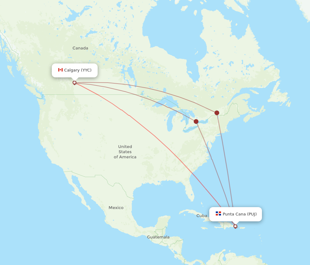 YYC to PUJ flights and routes map