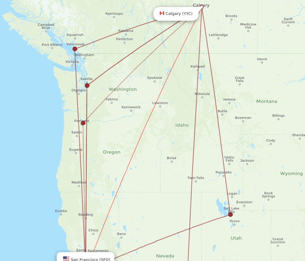 YYC to SFO flights and routes map