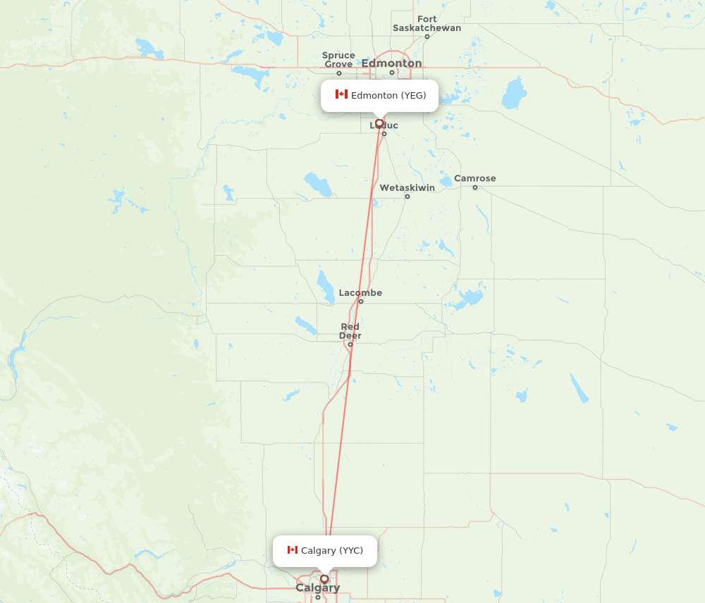 Calgary - Edmonton route map and flight paths