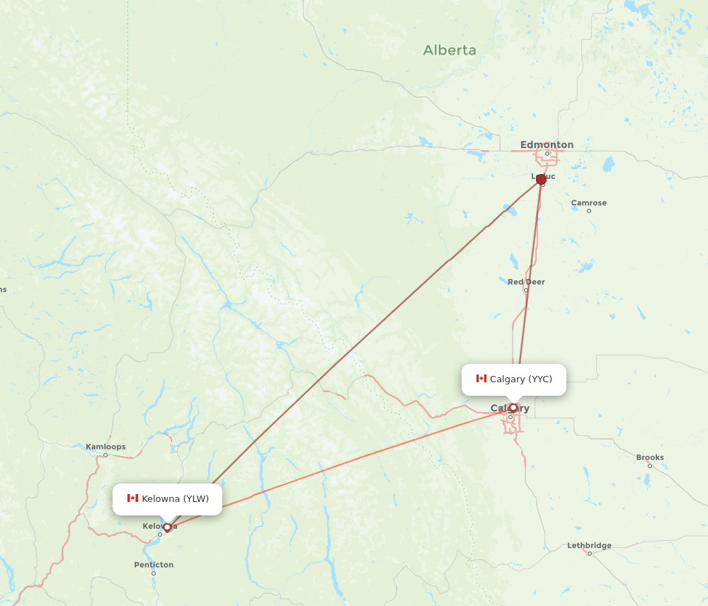YYC to YLW flights and routes map
