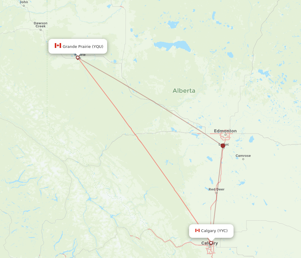 YYC to YQU flights and routes map