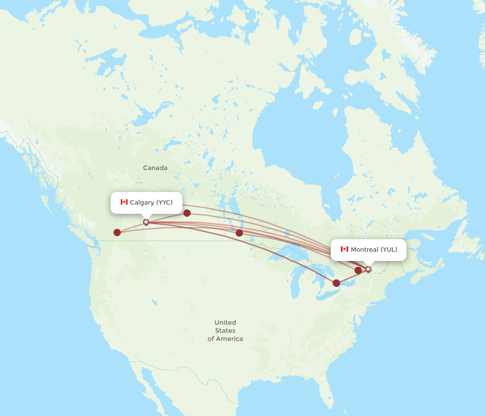 YYC to YUL flights and routes map