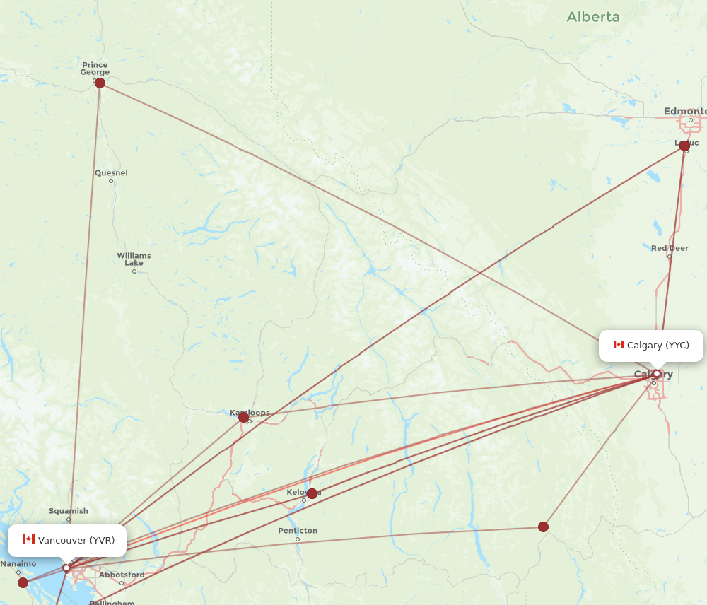 Calgary - Vancouver route map and flight paths