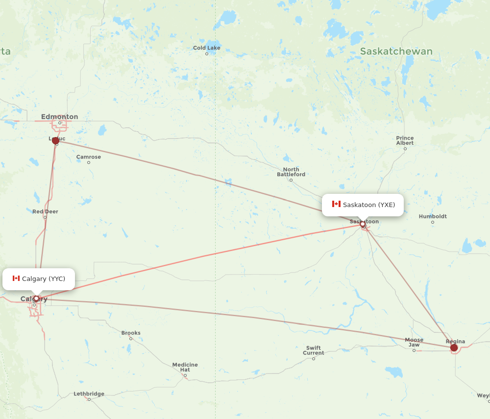 YYC to YXE flights and routes map