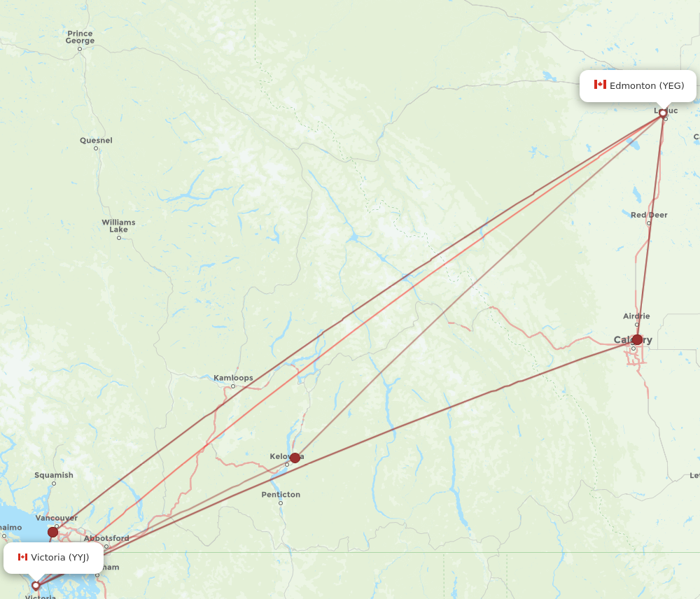 YYJ to YEG flights and routes map