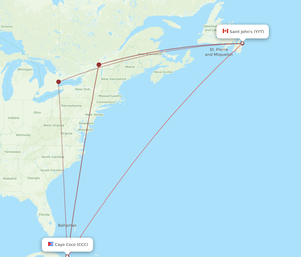 YYT to CCC flights and routes map