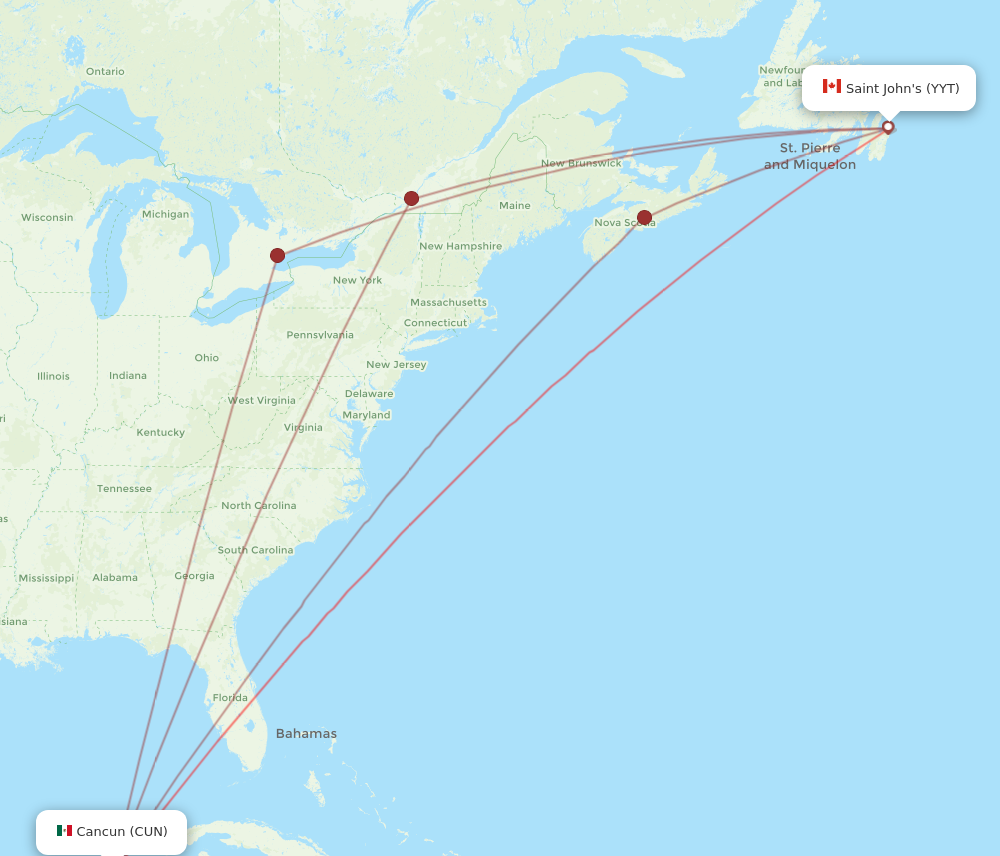 YYT to CUN flights and routes map