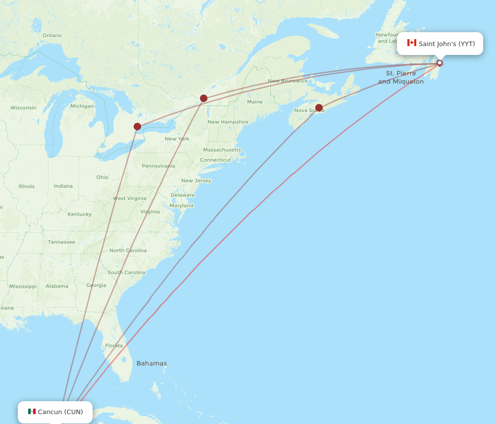 YYT-CUN flight routes