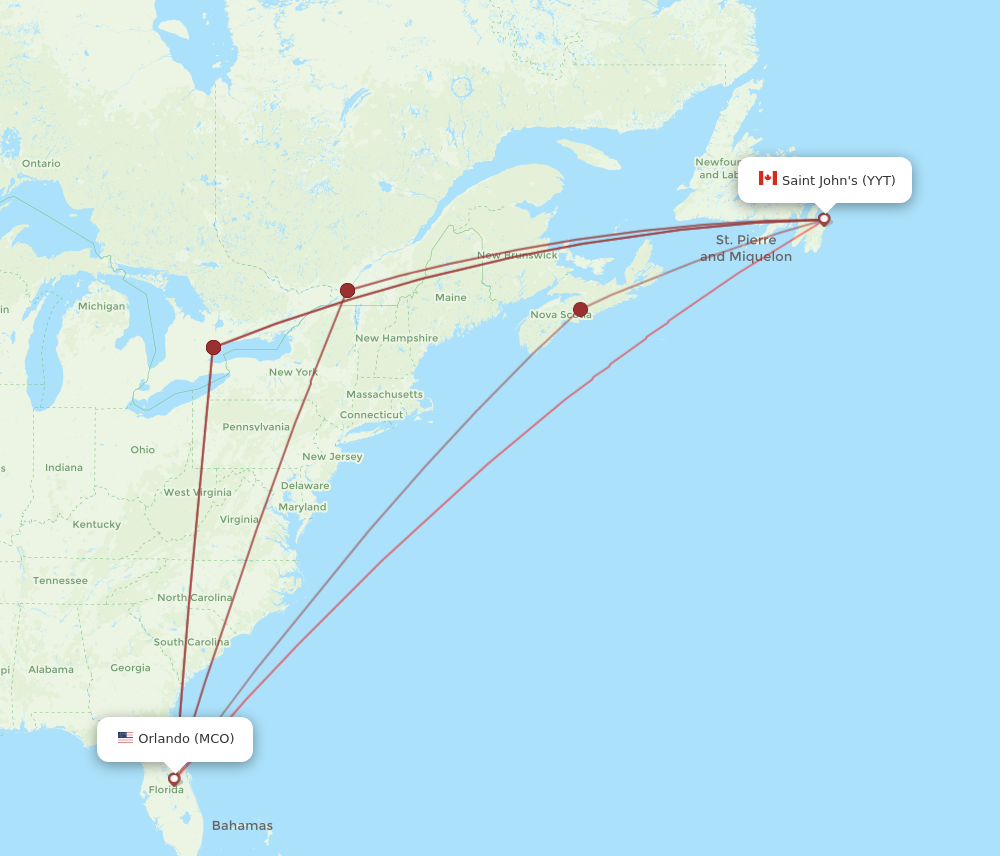 YYT to MCO flights and routes map