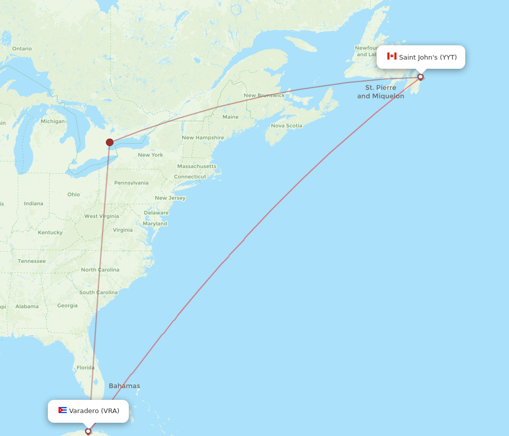 YYT to VRA flights and routes map