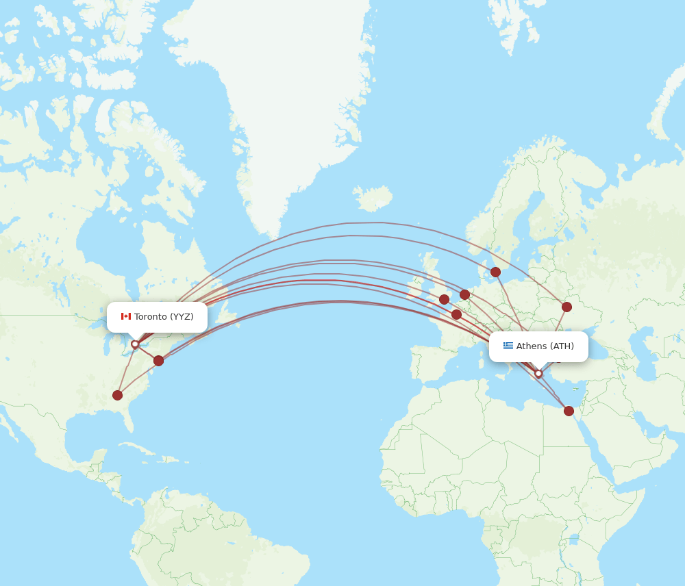 YYZ to ATH flights and routes map