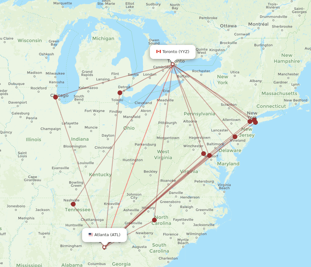 YYZ to ATL flights and routes map