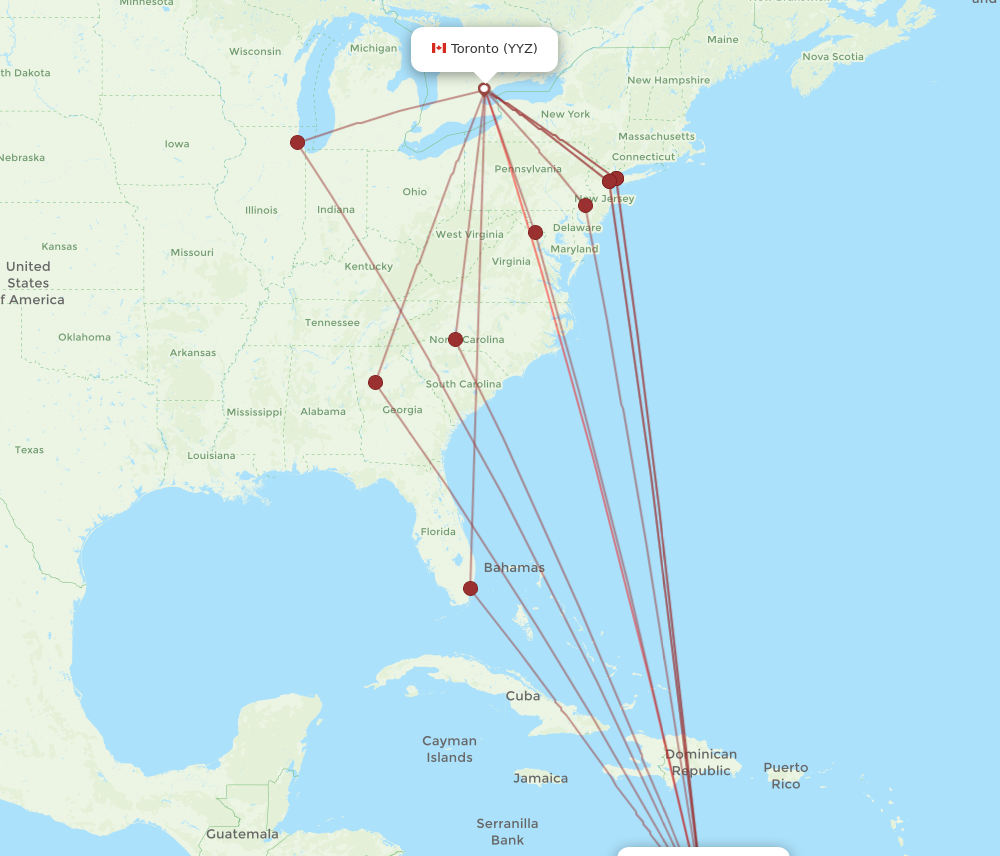 YYZ to AUA flights and routes map