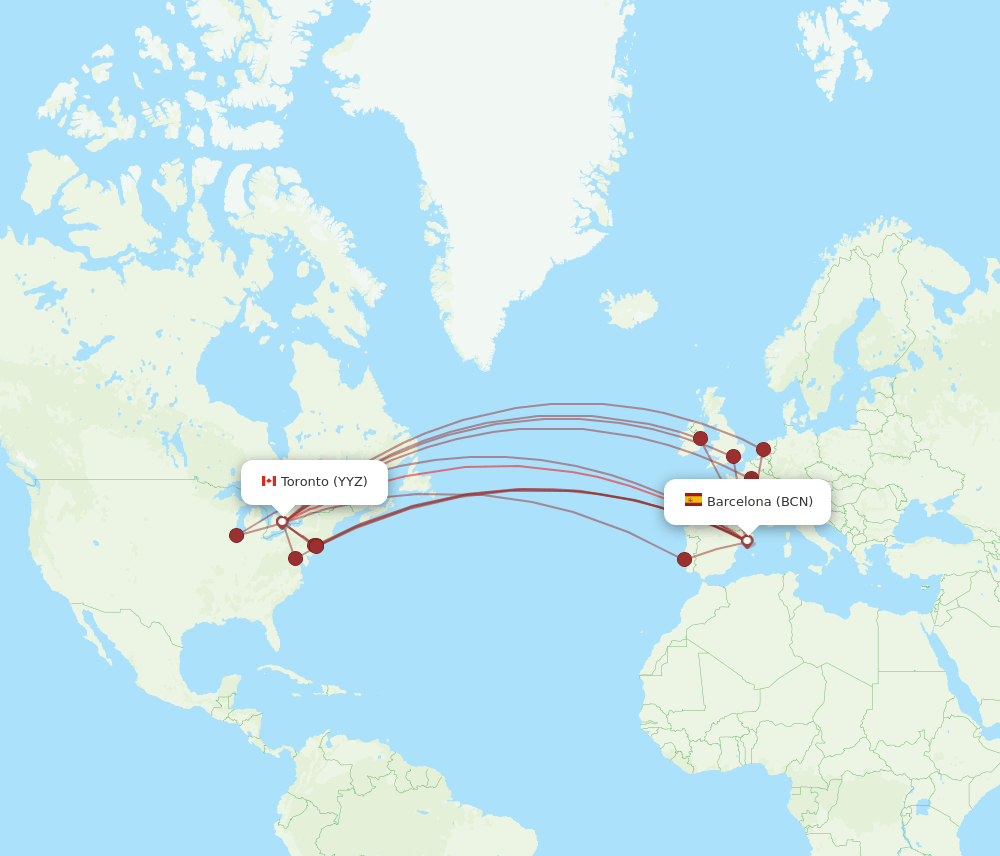 YYZ to BCN flights and routes map