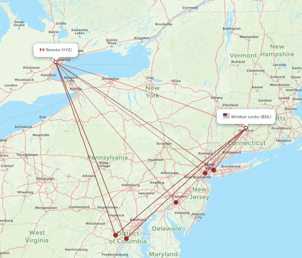 YYZ to BDL flights and routes map