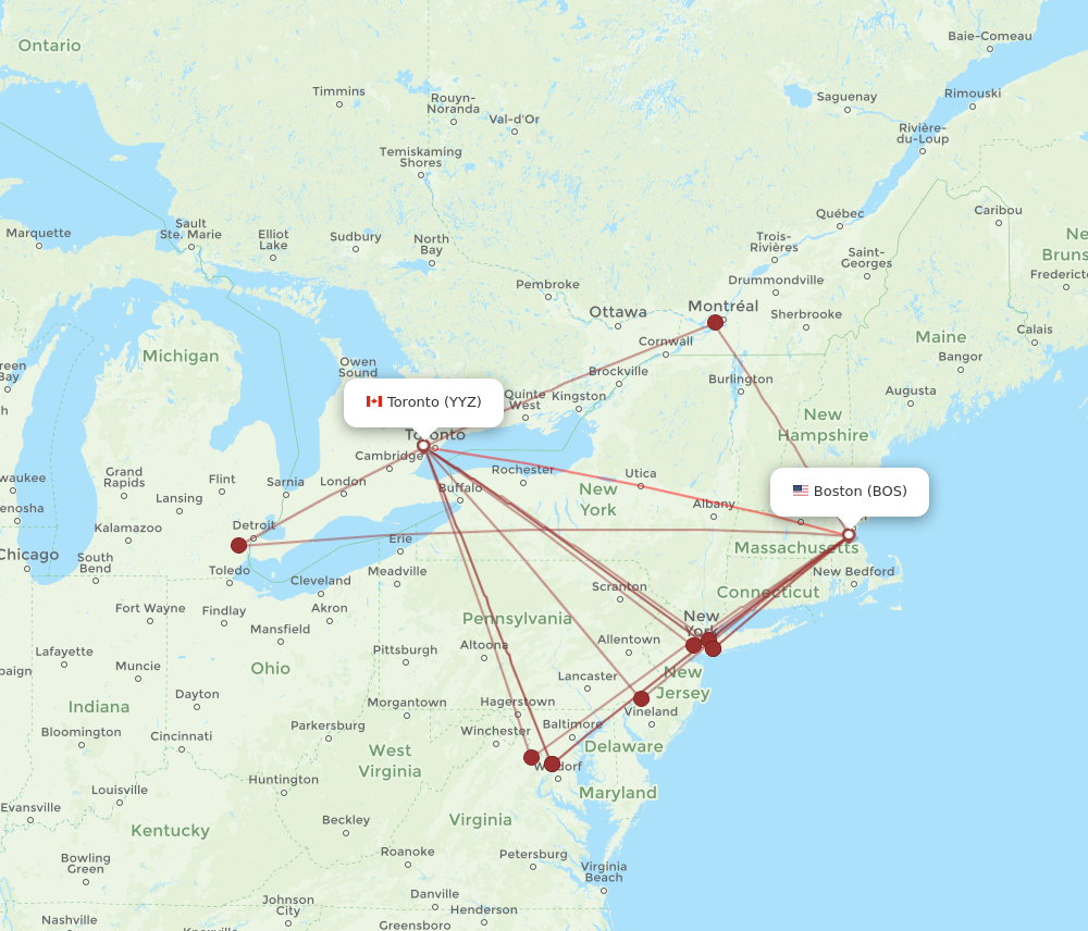 YYZ to BOS flights and routes map