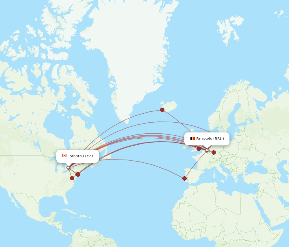 YYZ to BRU flights and routes map