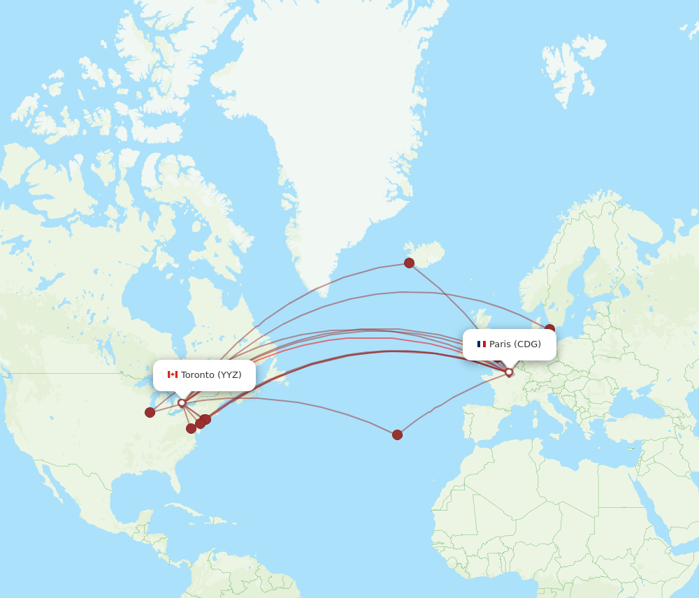 YYZ to CDG flights and routes map