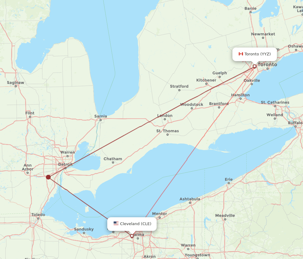 YYZ to CLE flights and routes map