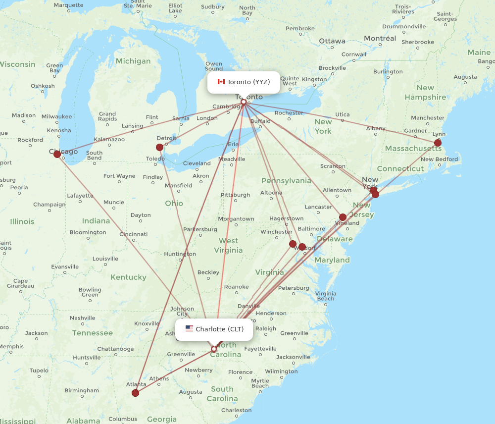 Toronto - Charlotte route map and flight paths