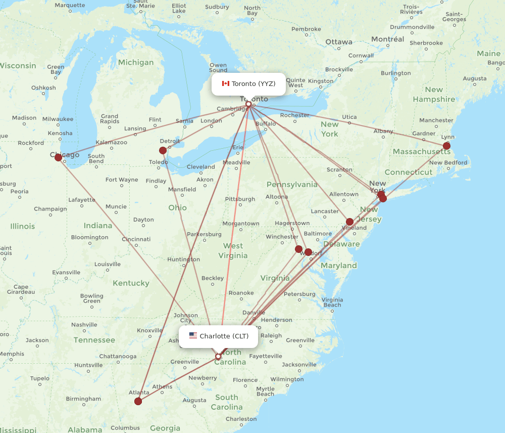 YYZ to CLT flights and routes map