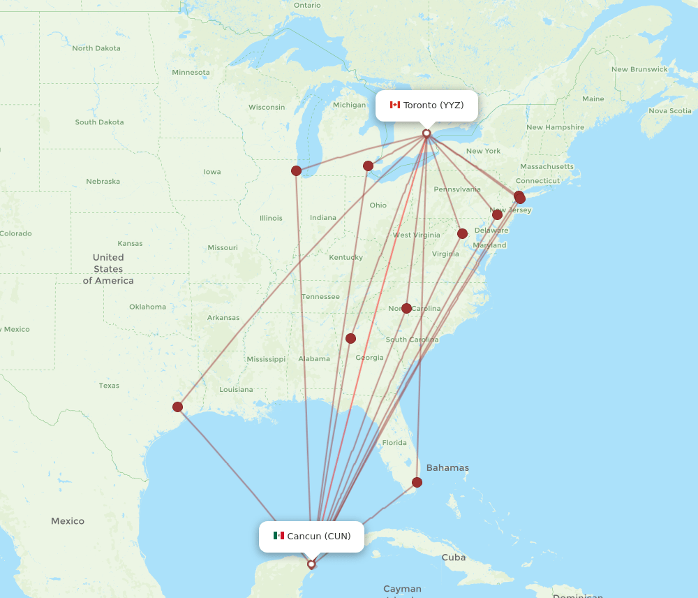 YYZ to CUN flights and routes map