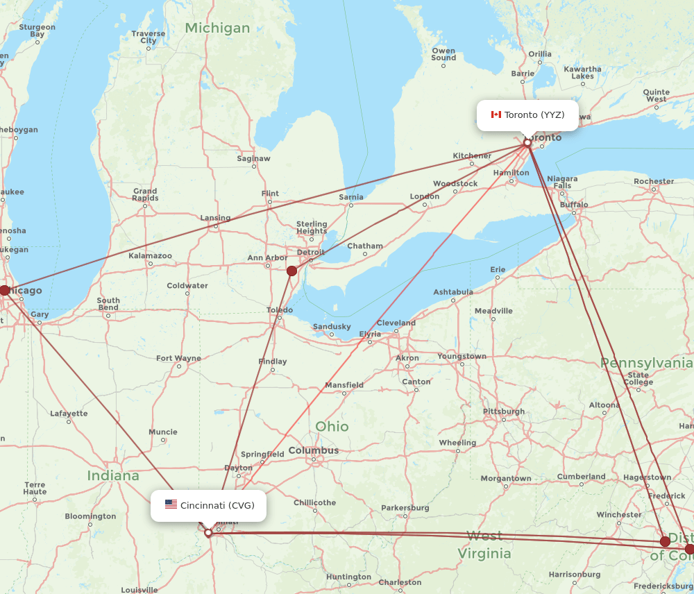 YYZ to CVG flights and routes map
