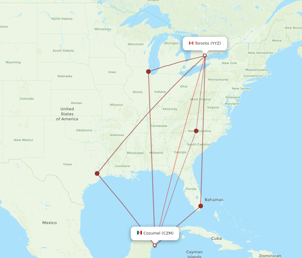 YYZ to CZM flights and routes map