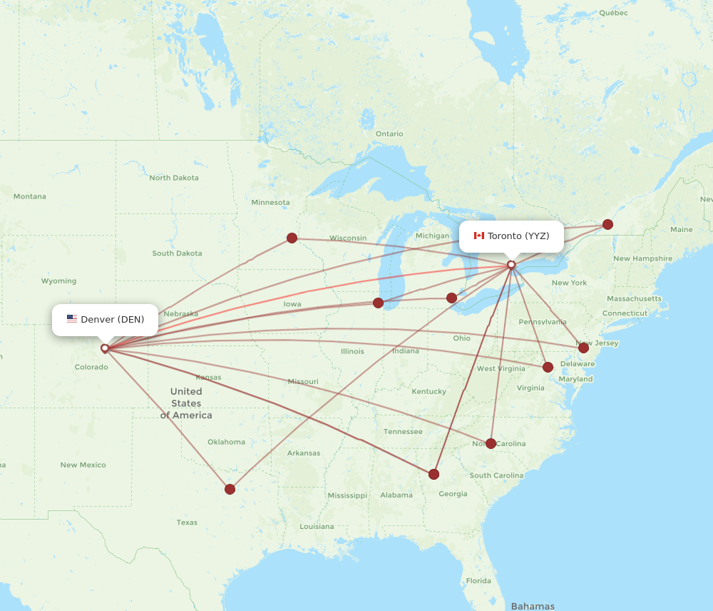 YYZ to DEN flights and routes map