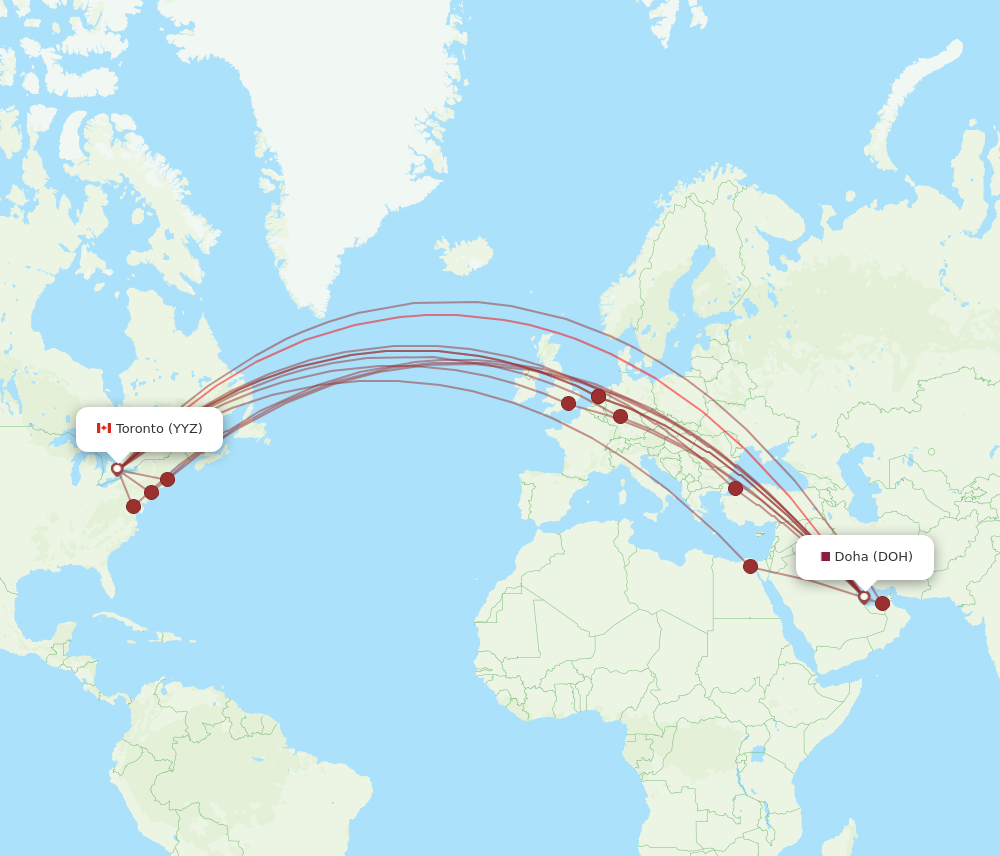 YYZ to DOH flights and routes map