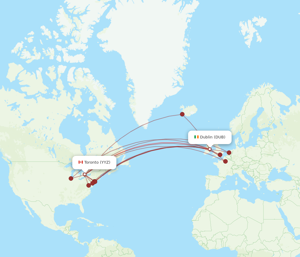 YYZ to DUB flights and routes map
