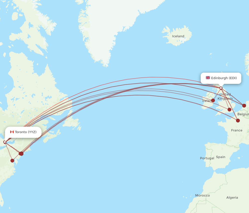 YYZ to EDI flights and routes map