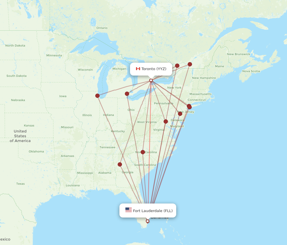 YYZ to FLL flights and routes map