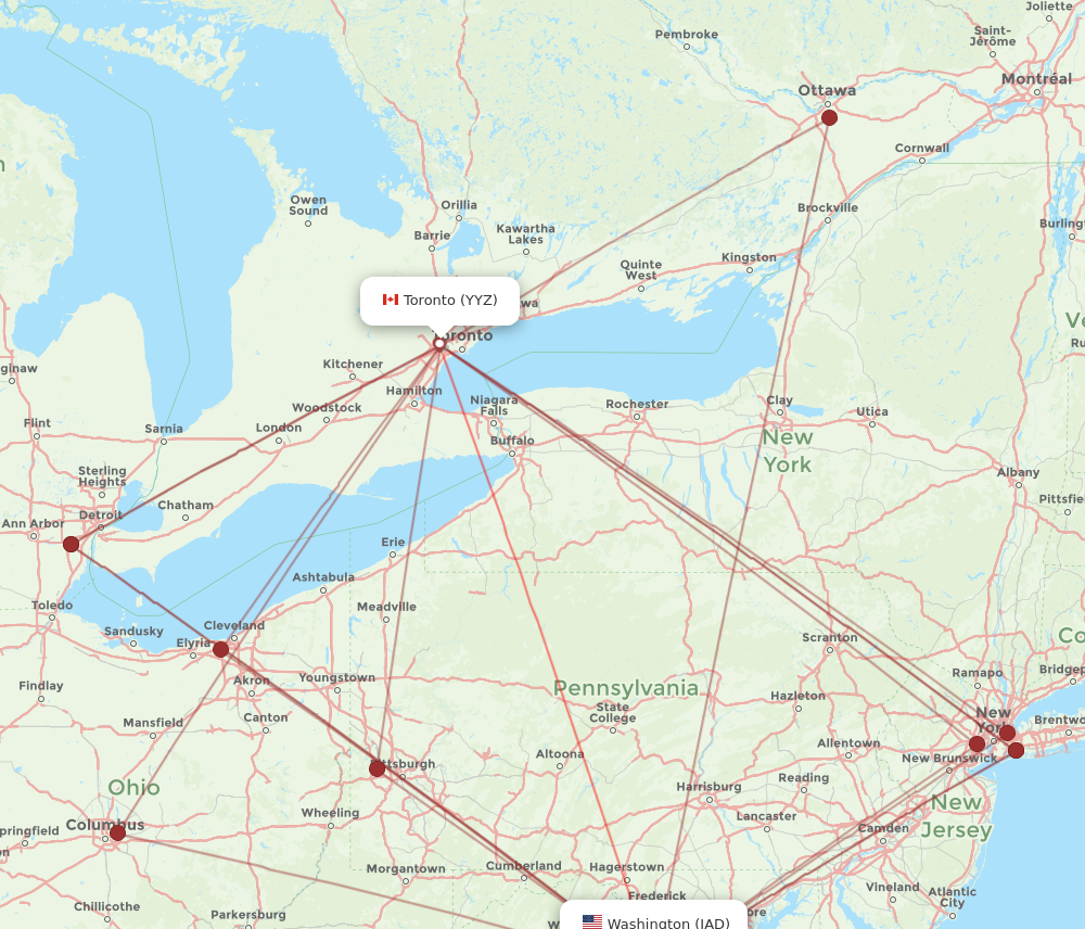 YYZ to IAD flights and routes map